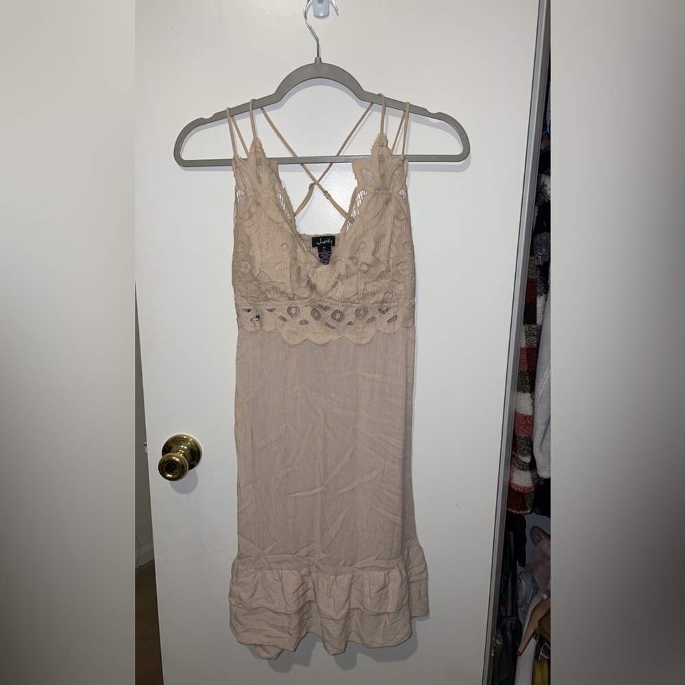 Lace low front tan dress